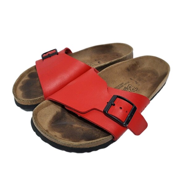 Birkenstock Madrid Womens Size 7 Sandal Red Black Buckle Slide Adjustable Birkis - Picture 1 of 9